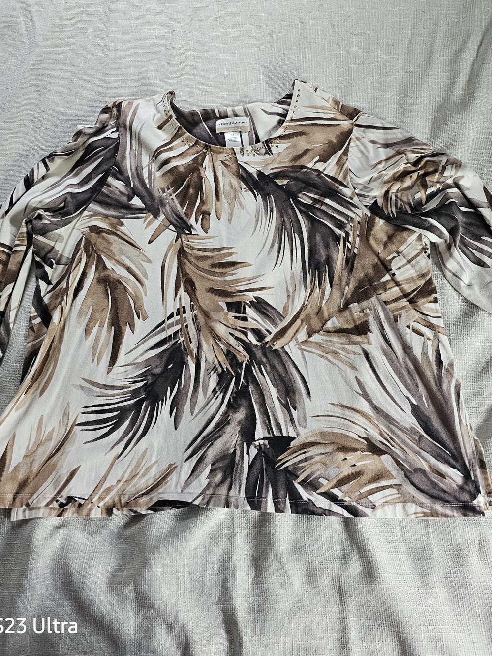 Alfred Dunner Brown and Black Palm-Print Long Sleeve Top